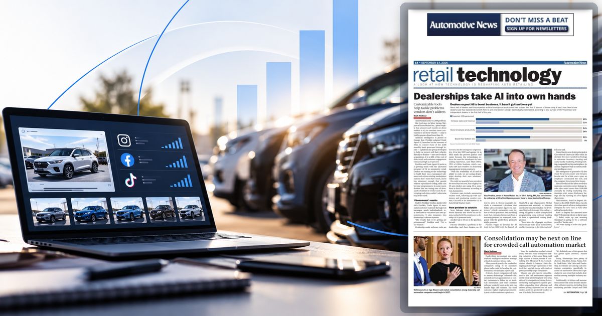 Auto Lot Impact Featured in Automotive News | September 2026 Automotive News retail technology feature highlighting Auto Lot Impact and the article “Dealerships take AI into own hands,” alongside dealership vehicles, a digital marketing laptop, and growth analytics.